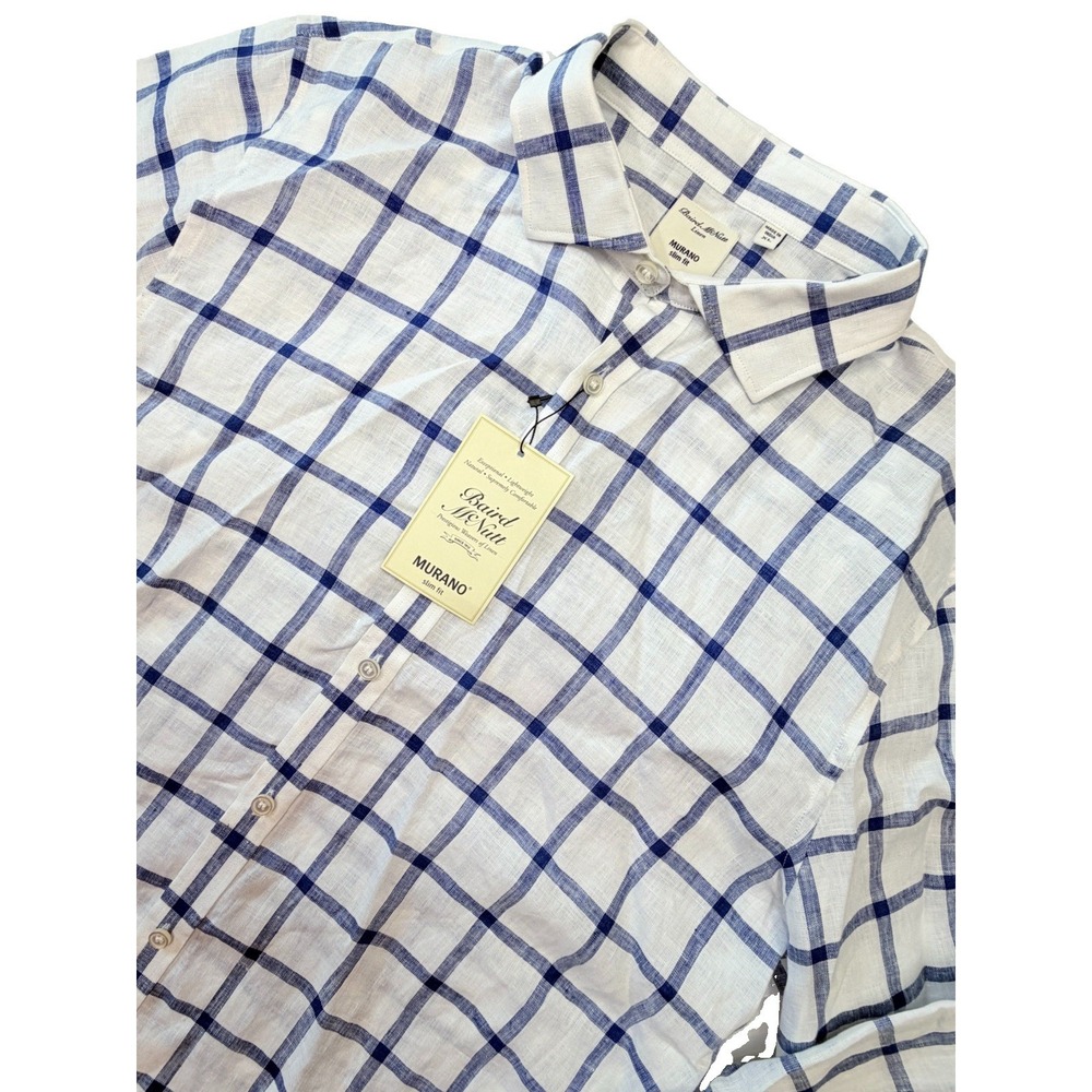 Murano Baird McNutt Linen Shirt Mens XL Slim Fit Blue White Windowpane Plaid NWT